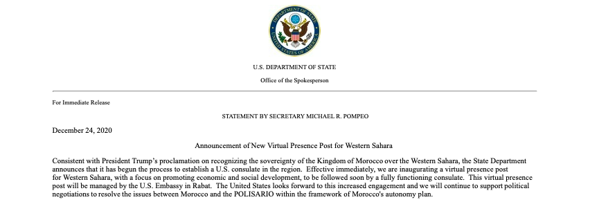 We are inaugurating a virtual presence post for Western Sahara, with a focus on promoting economic and social development, to be followed soon by a fully functioning consulate, announces @SecPompeo in statement