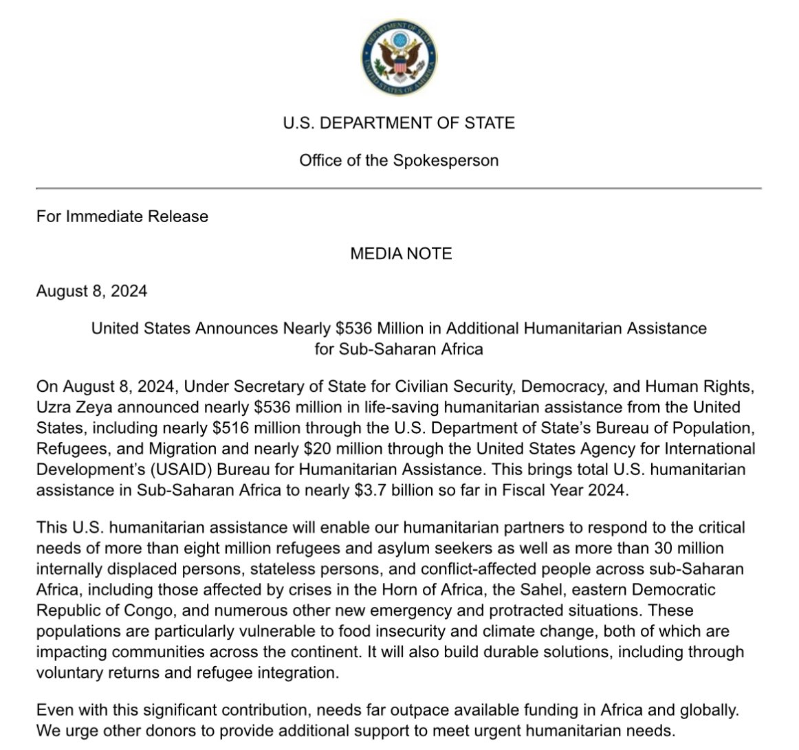 United States Announces Nearly $536 Million in Additional Humanitarian Assistance for Sub-Saharan Africa