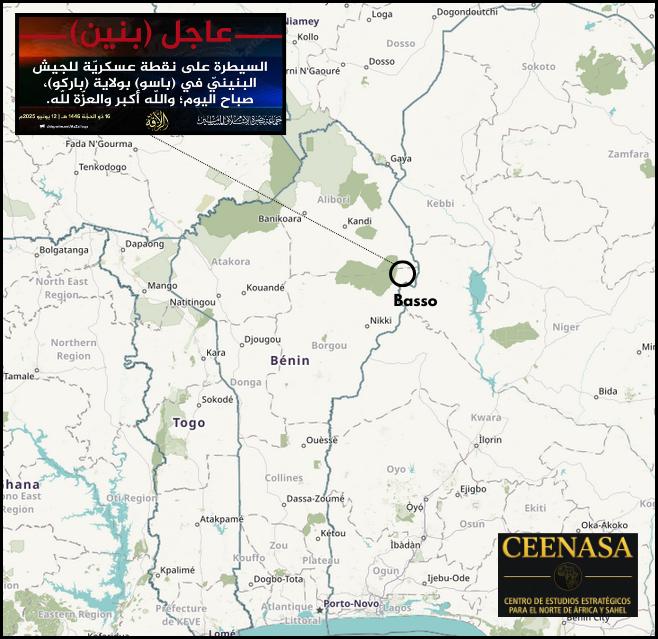 BENIN: On Thu, June 12, the JNIM claimed to have taken control of a Beninese military post in Basso village, Bourgou province